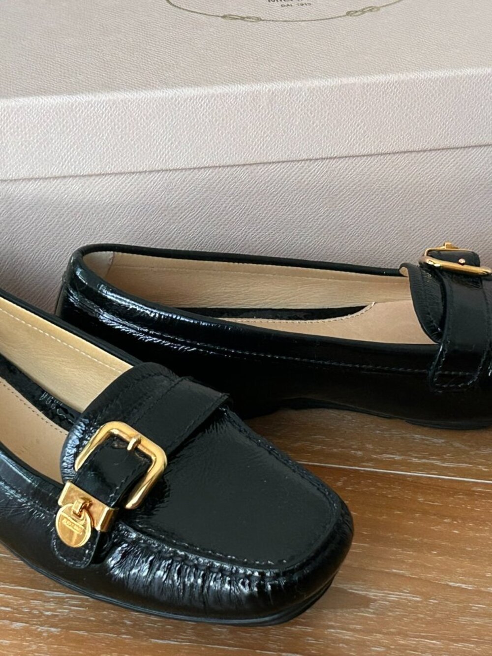 Prada Black Patent Leather Gold Buckle Loafers EU 36.5 - Picture 7 of 16